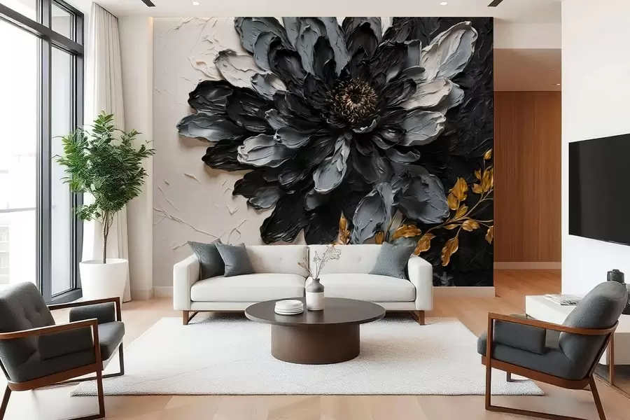 Fotobehang Zwarte en grijze bloem met reliëf en decoratieve takken w05883