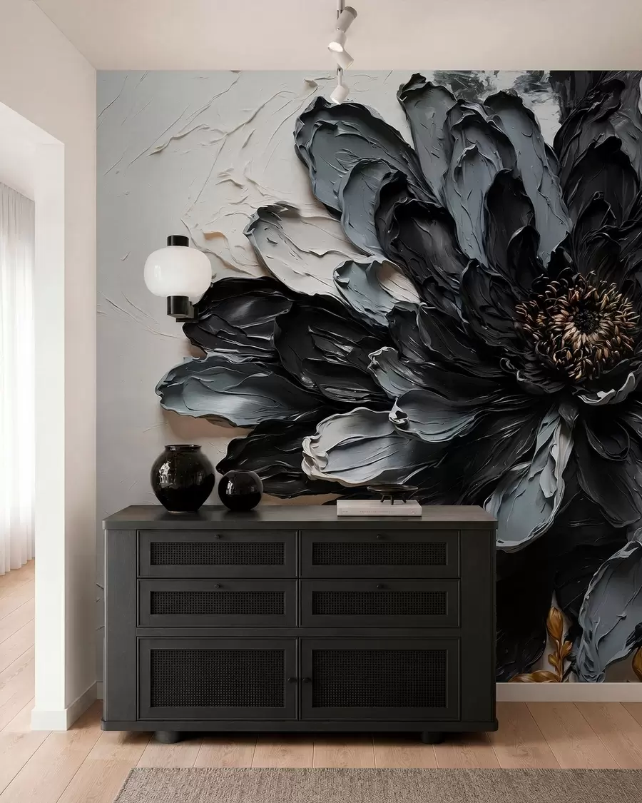 Fotobehang Zwarte en grijze bloem met reliëf en decoratieve takken w05883