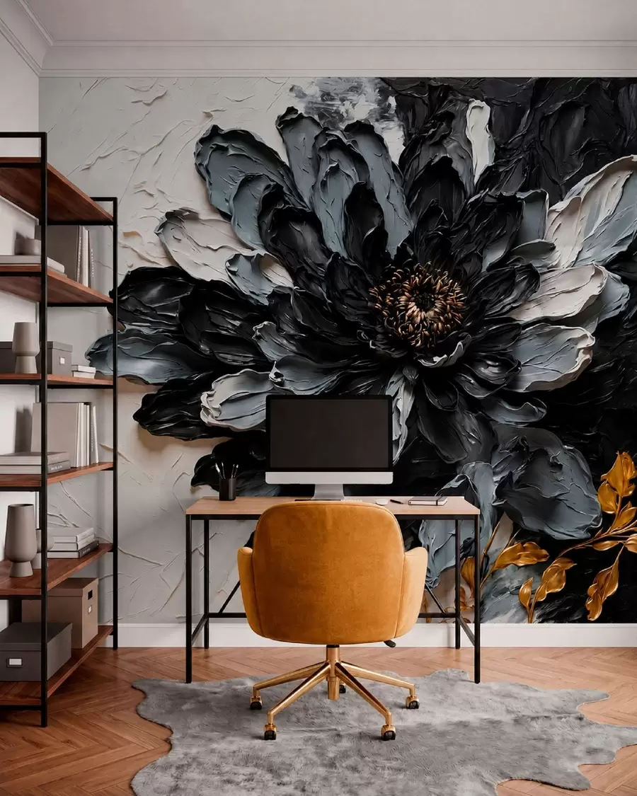 Papier peint photo Fleur texturée noire et grise avec des branches décoratives w05883