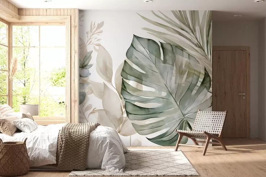Papier peint photo Grandes feuilles tropicales dans un style aquarelle w05867