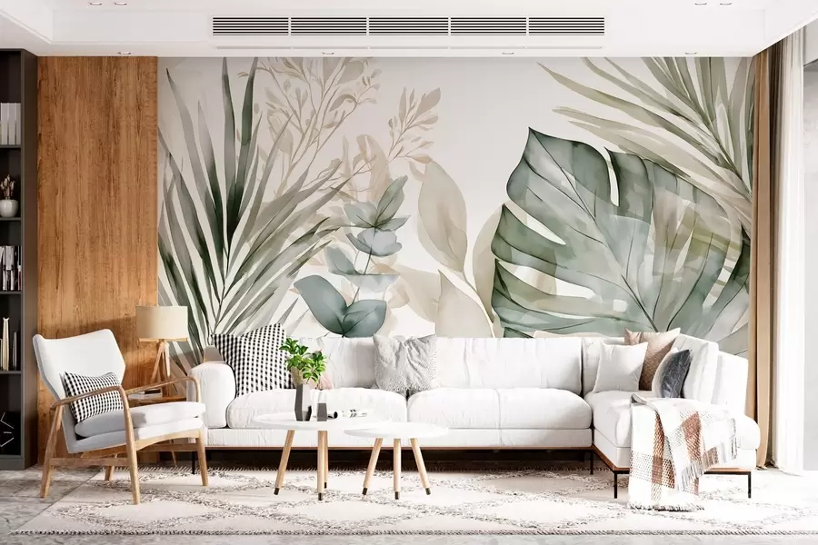 Fotobehang Grote tropische bladeren in aquarelstijl w05867