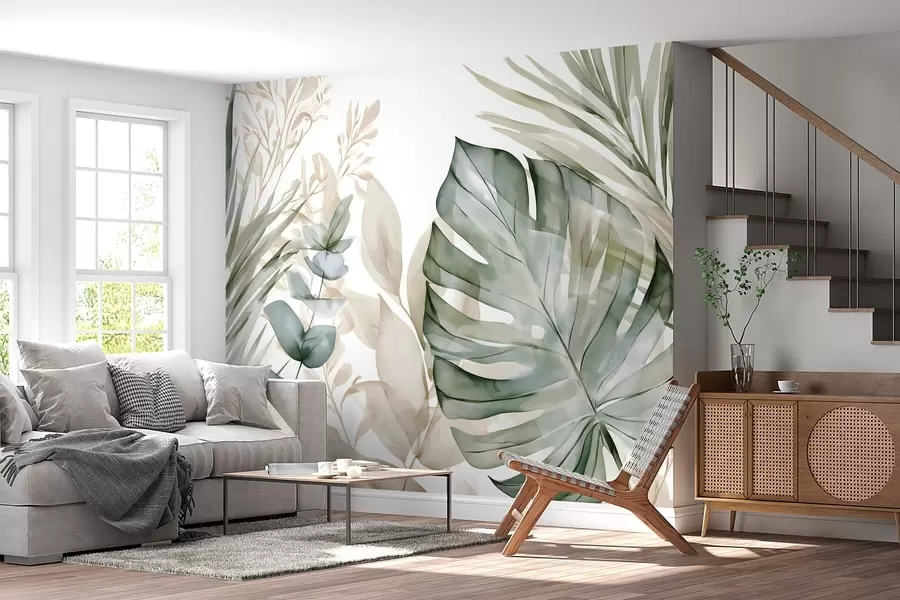 Fotobehang Grote tropische bladeren in aquarelstijl w05867