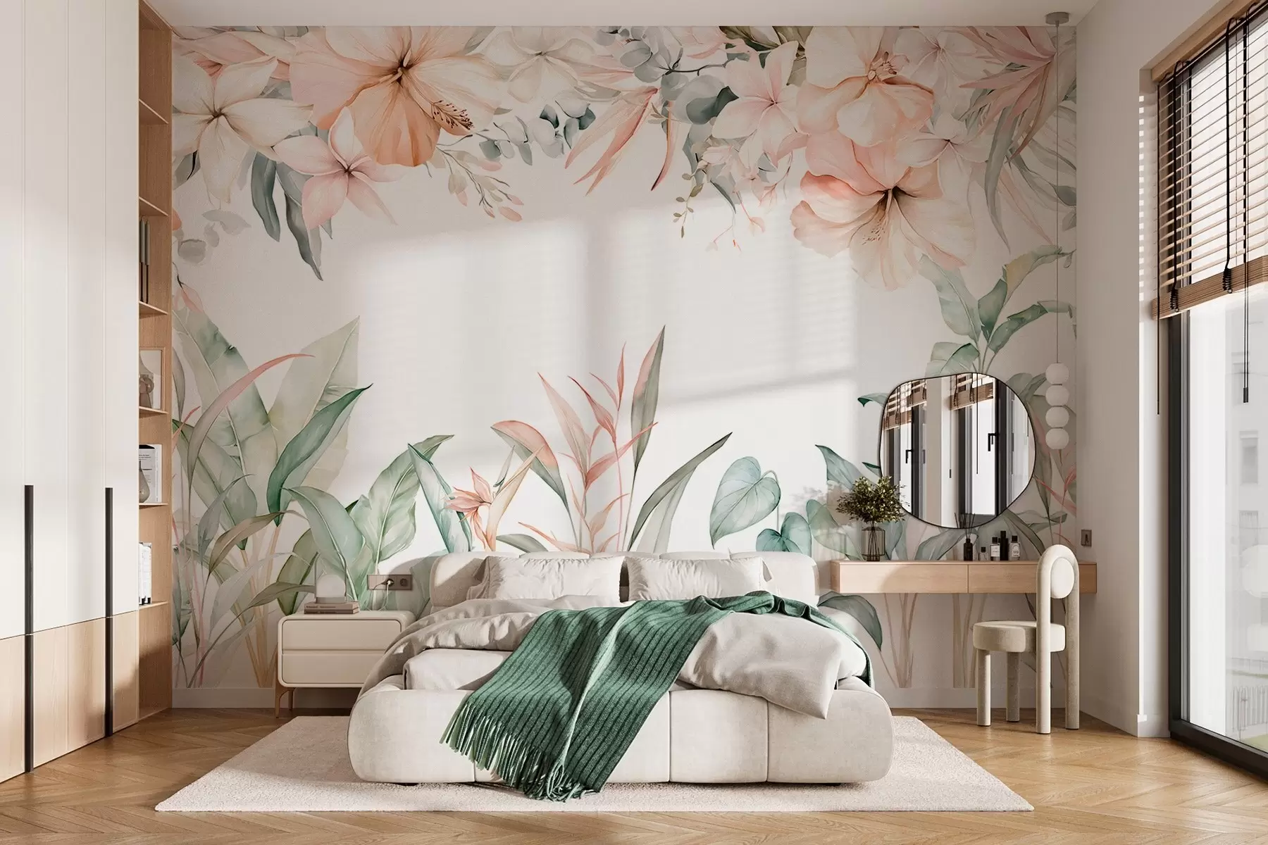 Fotobehang Een tropische compositie van bloemen en planten in aquarelstijl, in delicate tinten w05870