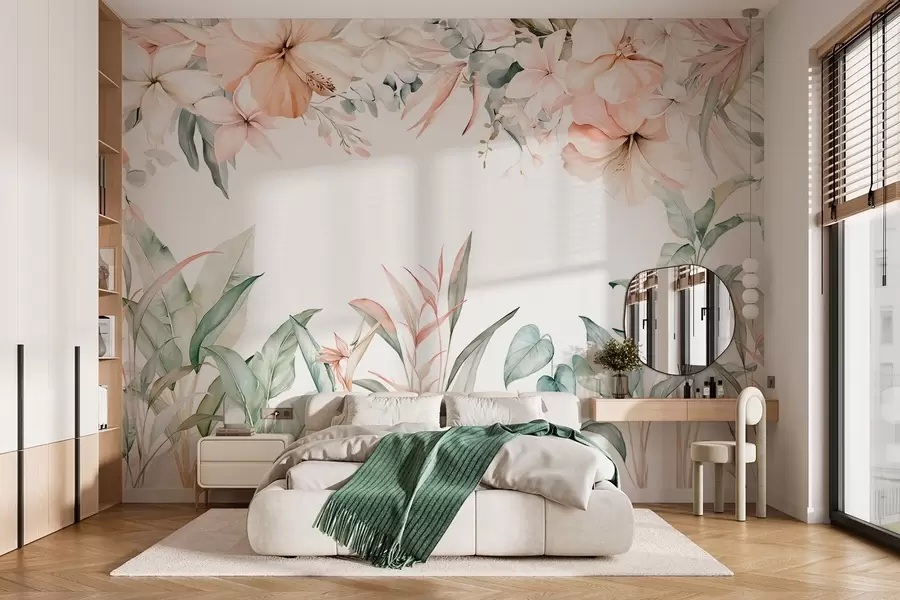 Papier peint photo Une composition tropicale de fleurs et de plantes, réalisée dans un style aquarelle, aux nuances délicates w05870