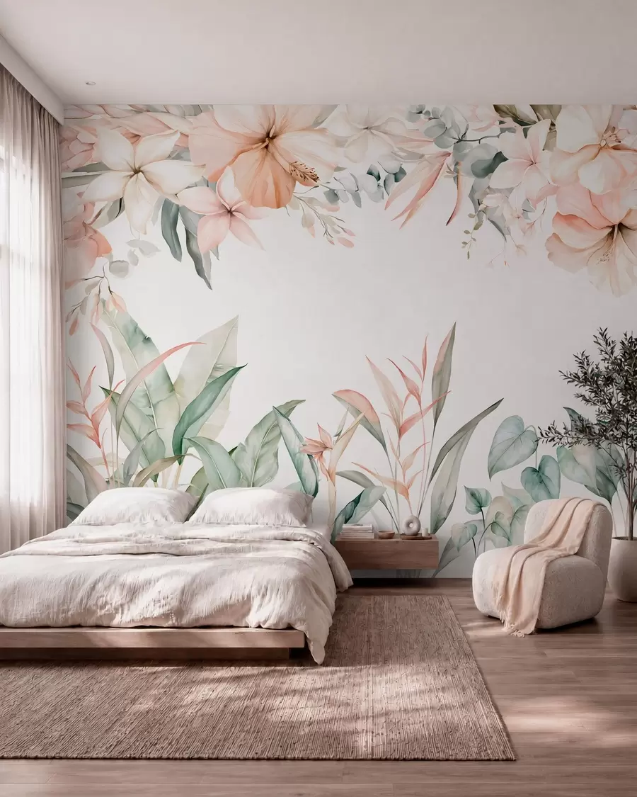 Papier peint photo Une composition tropicale de fleurs et de plantes, réalisée dans un style aquarelle, aux nuances délicates w05870