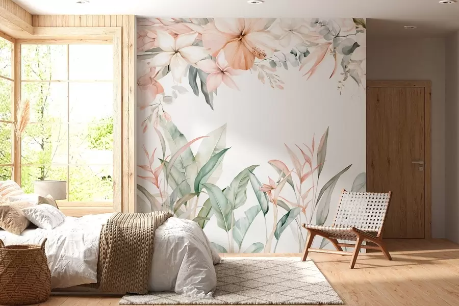 Papier peint photo Une composition tropicale de fleurs et de plantes, réalisée dans un style aquarelle, aux nuances délicates w05870