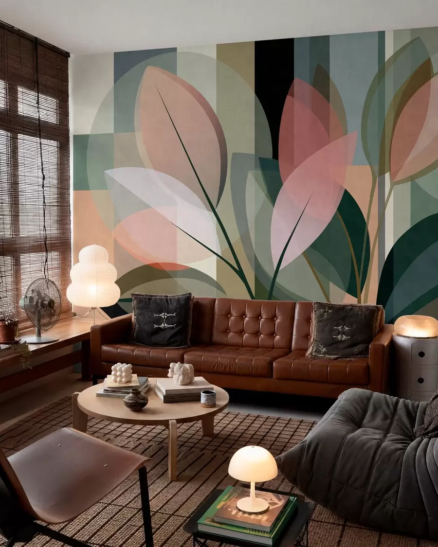 Fotobehang Een stijlvol abstract kunstwerk met planten als motief w05871