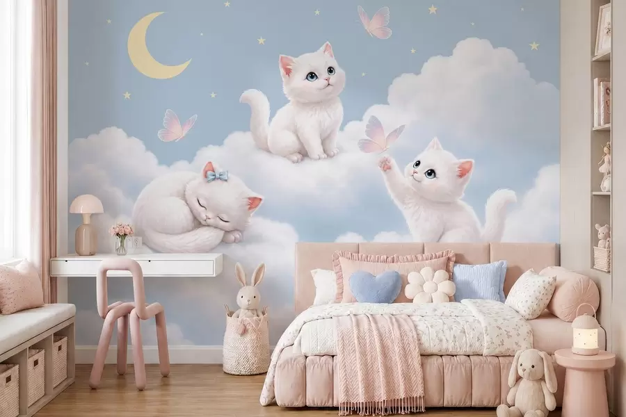 Papier peint photo De mignons chatons avec des papillons parmi les nuages w05841