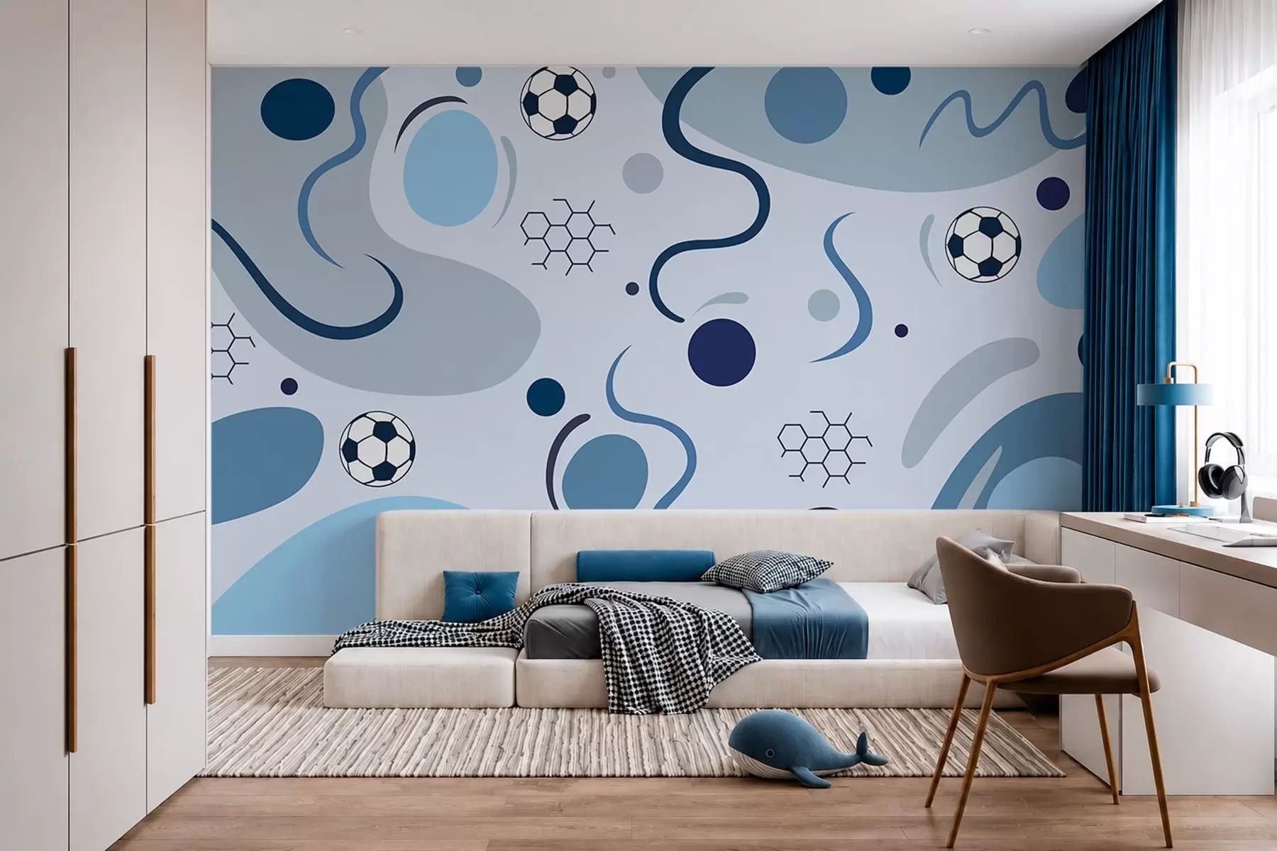 Papier peint photo Formes abstraites colorées, ballons de football et schémas w05142
