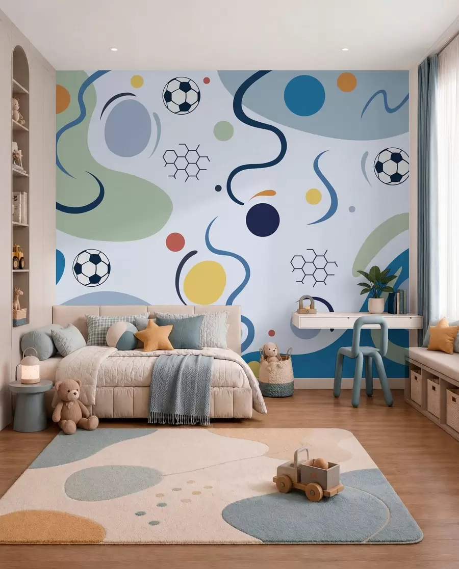 Fotobehang Kleurrijke abstracte vormen, voetballen en lijnen w05142v1