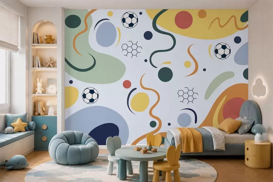 Fotobehang Abstracte vormen, voetballen, lijnen en cirkels w05142v2