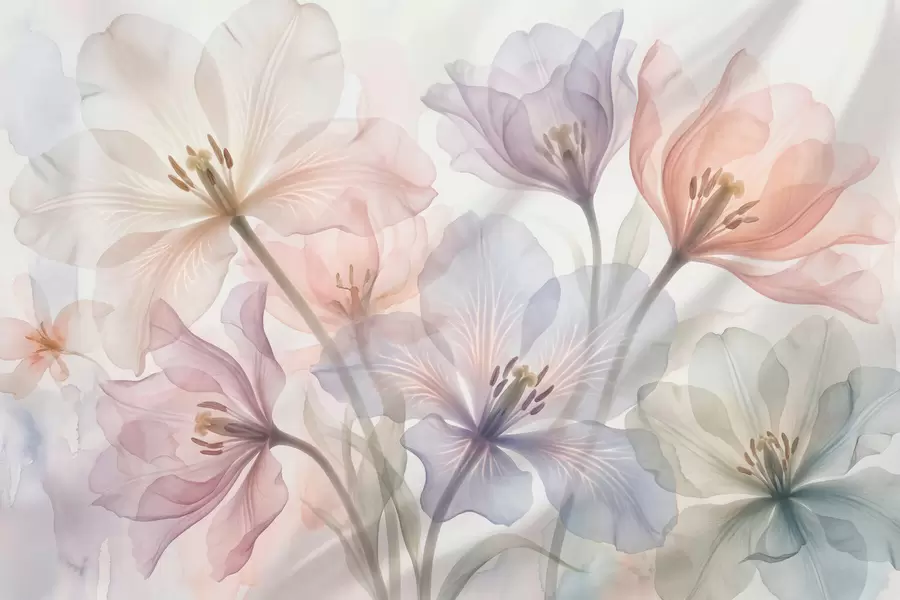 Papier peint photo Fleurs délicates et transparentes aux teintes pastel, dans un style aquarelle w09999