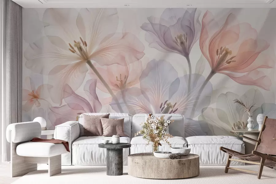 Fotobehang Fijne, doorschijnende bloemen in pasteltinten, in aquarelstijl w09999