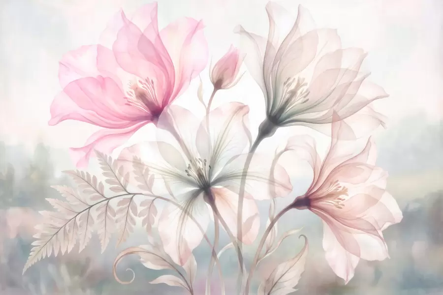 Papier peint photo Des fleurs délicates dans des tons pastel de rose et de bleu, dans un style aquarelle w10009