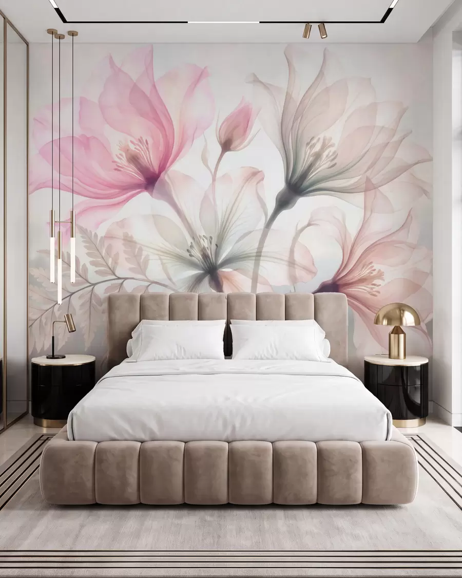 Fotobehang Verfijnde bloemen in pastelroze en -blauwe tinten, in aquarelstijl w10009
