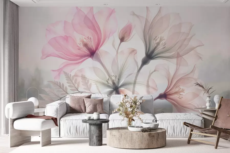 Fotobehang Verfijnde bloemen in pastelroze en -blauwe tinten, in aquarelstijl w10009