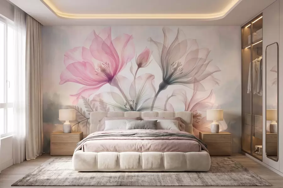 Fotobehang Verfijnde bloemen in pastelroze en -blauwe tinten, in aquarelstijl w10009