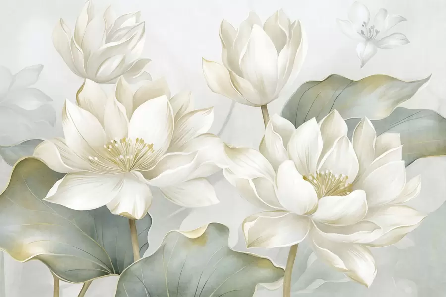 Papier peint photo Des fleurs de lotus texturées aux pétales délicats, accompagnées de grandes feuilles d'un vert discret w10027