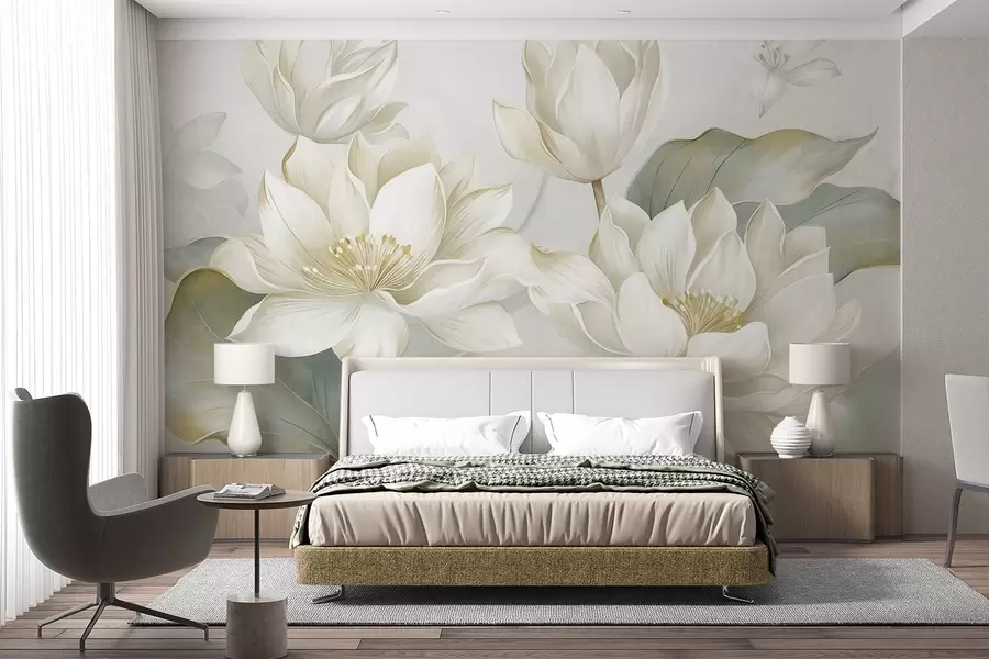 Papier peint photo Des fleurs de lotus texturées aux pétales délicats, accompagnées de grandes feuilles d'un vert discret w10027