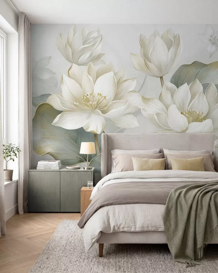 Papier peint photo Des fleurs de lotus texturées aux pétales délicats, accompagnées de grandes feuilles d'un vert discret w10027