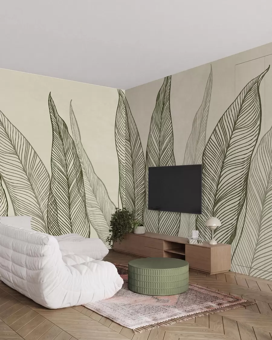 Fotobehang Gestileerde groene bladeren met gedetailleerde lijndetails op een beige achtergrond, kunstwerk met textuur w10030