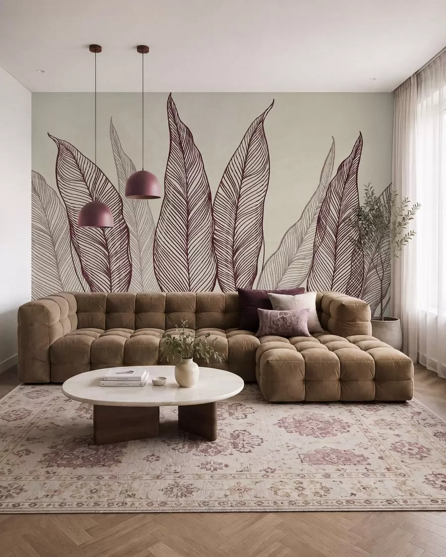 Fotobehang Gestileerde bordeauxrode bladeren met verfijnde lijndetails op een beige achtergrond, kunstwerk met textuur w10030v1