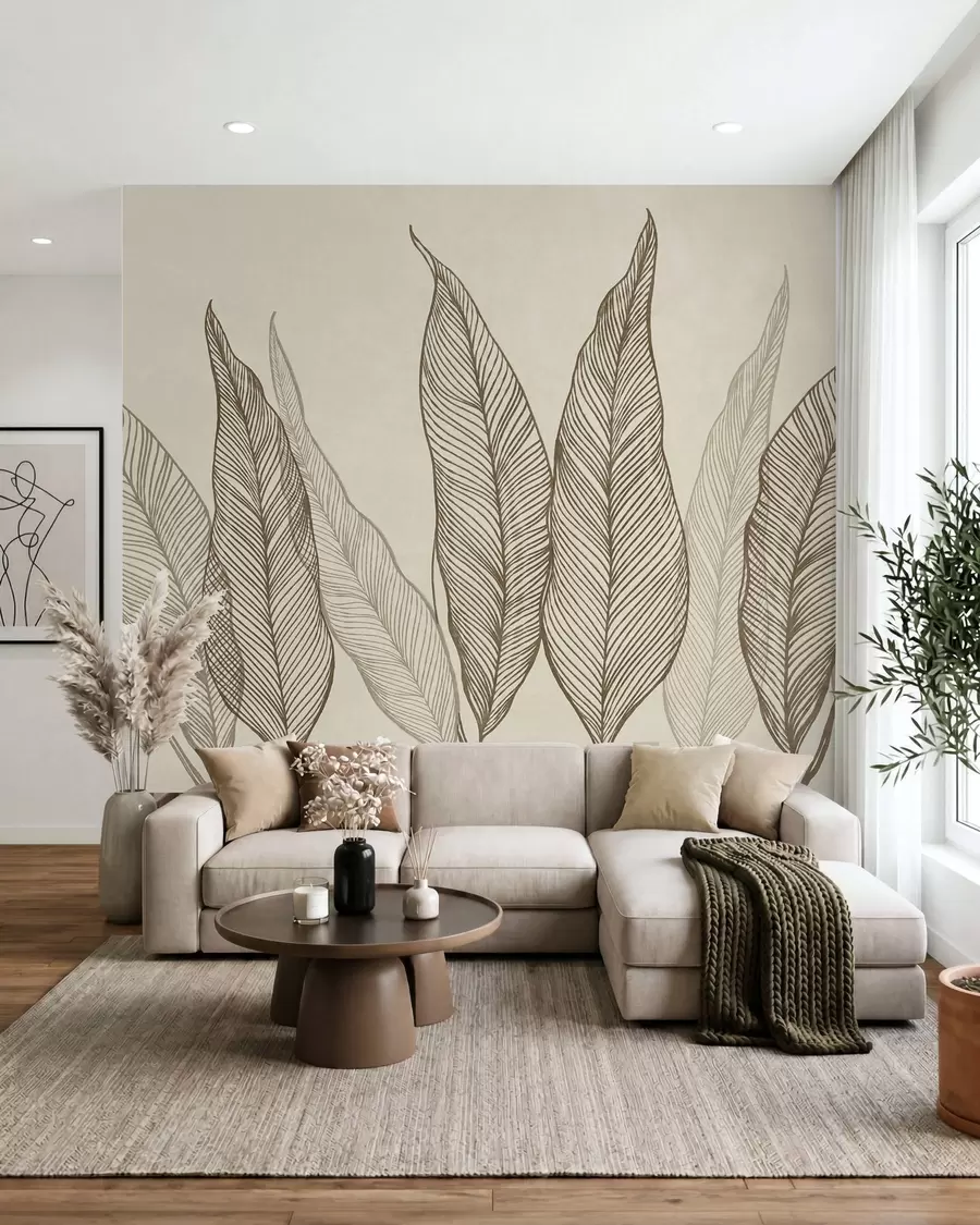 Papier peint photo Feuilles brunes stylisées aux détails linéaires complexes sur un fond beige, illustration texturée w10030v2
