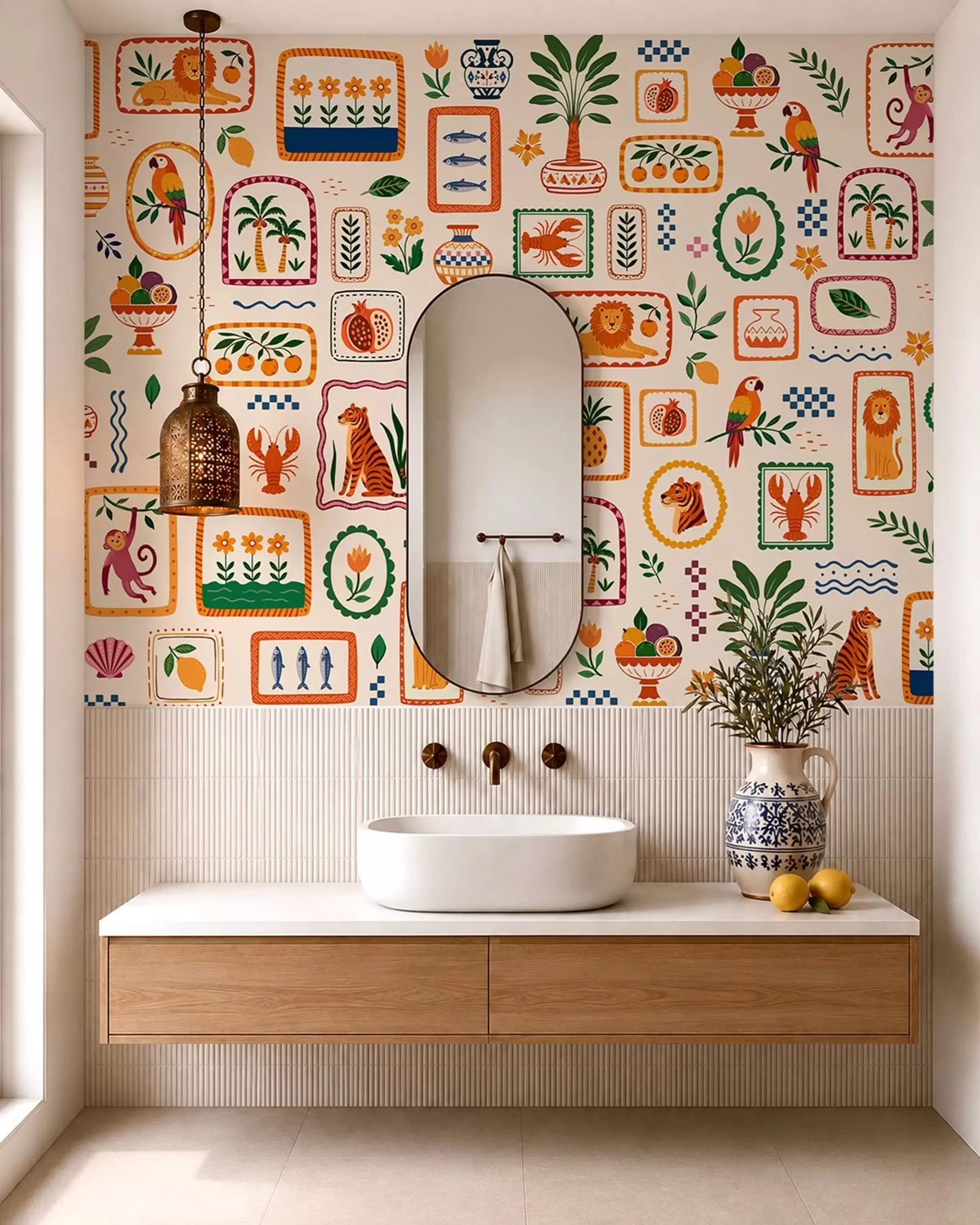 Fotobehang Kleurrijk patroon met dieren, planten en fruit w05885