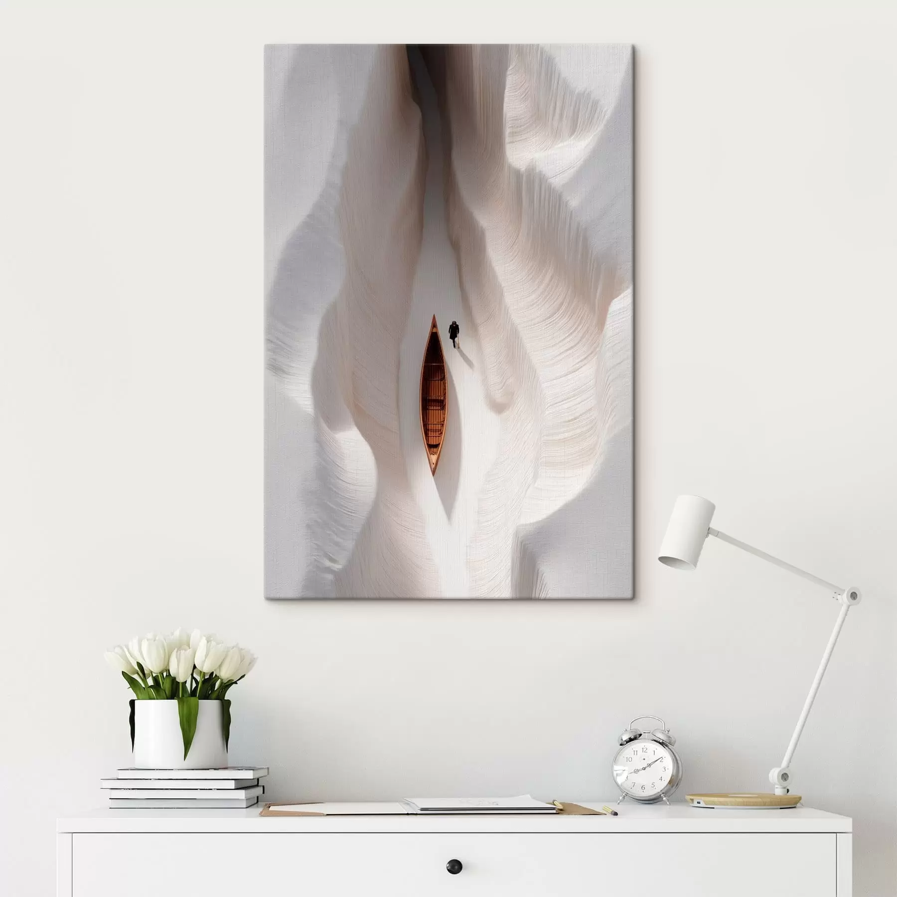  Peintures Un bateau et une personne au milieu de hautes formes blanches ondulées s50421