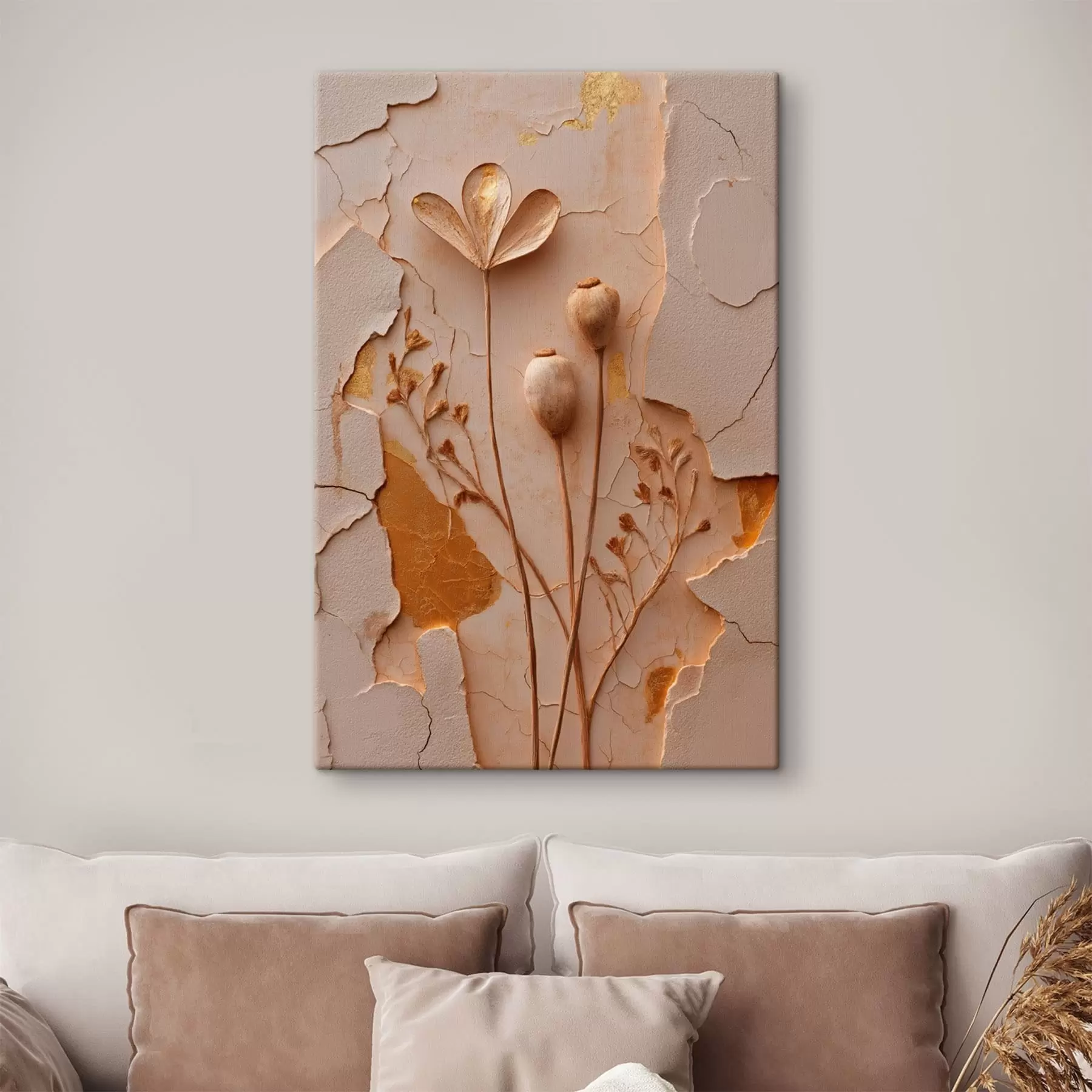  Peintures Plantes séchées sur un fond présentant un effet de surface craquelée s50426
