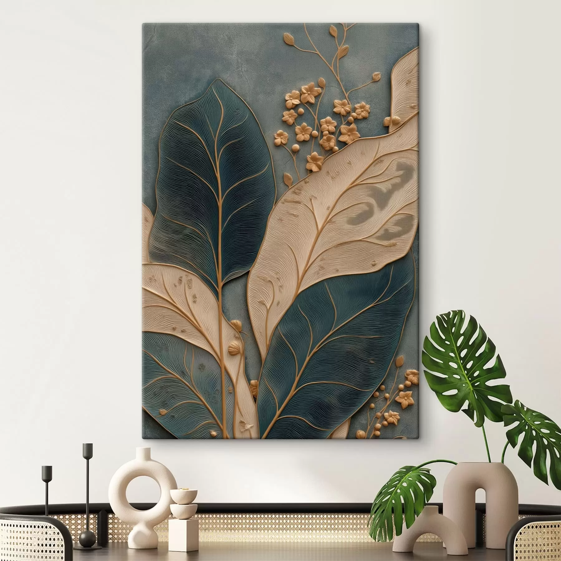  Peintures Des feuilles et des petites fleurs créant un effet de relief sur un fond sombre s50427