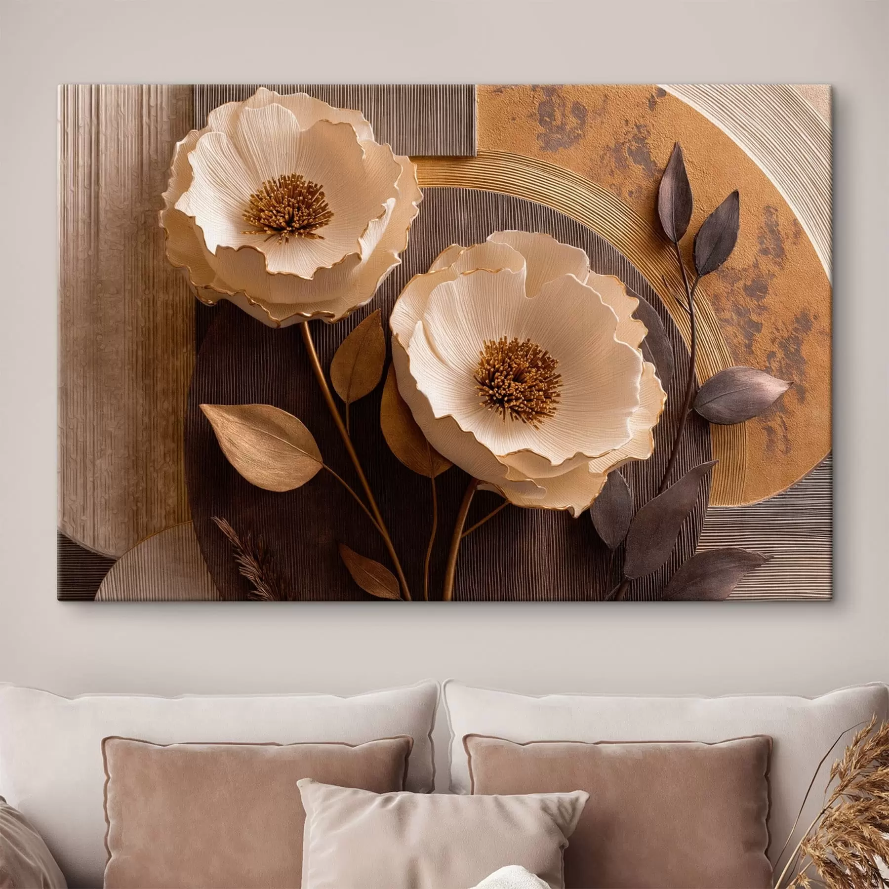  Peintures De grandes fleurs claires, avec des feuilles foncées et des cercles s50430