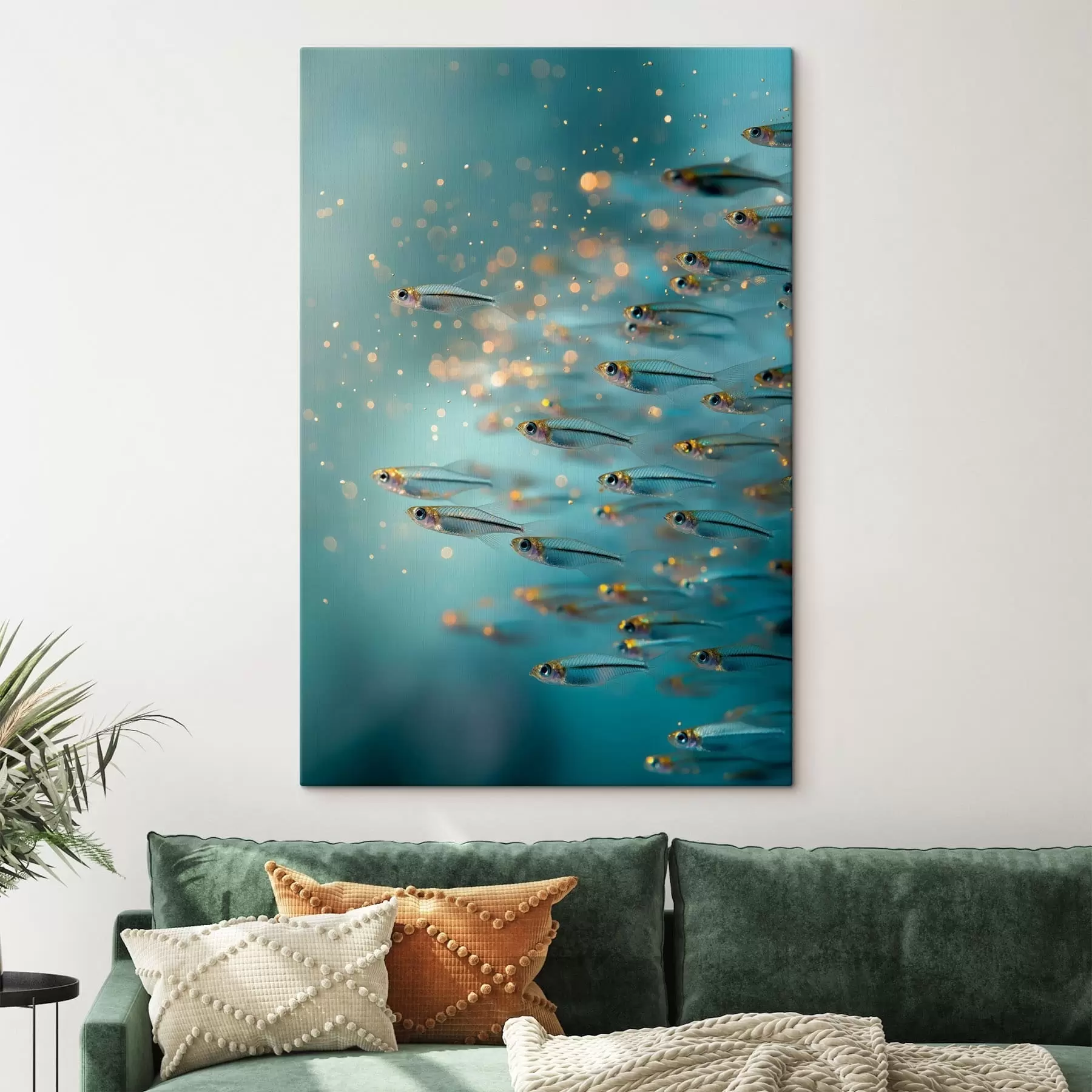  Peintures Un banc de petits poissons dans une eau bleue avec des reflets s50443