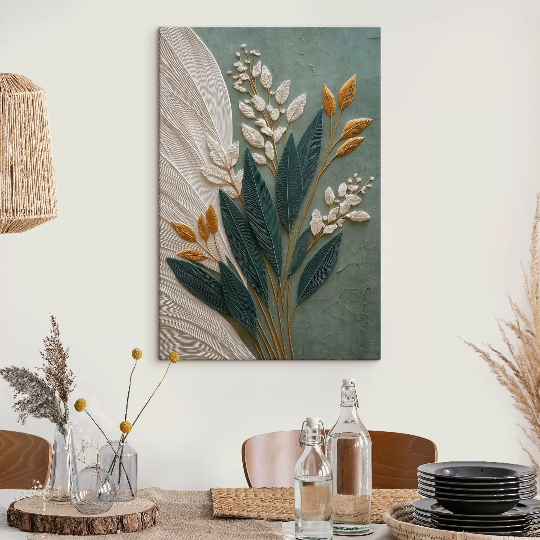  Peintures Feuilles décoratives sur un fond vert aux nuances douces s50446