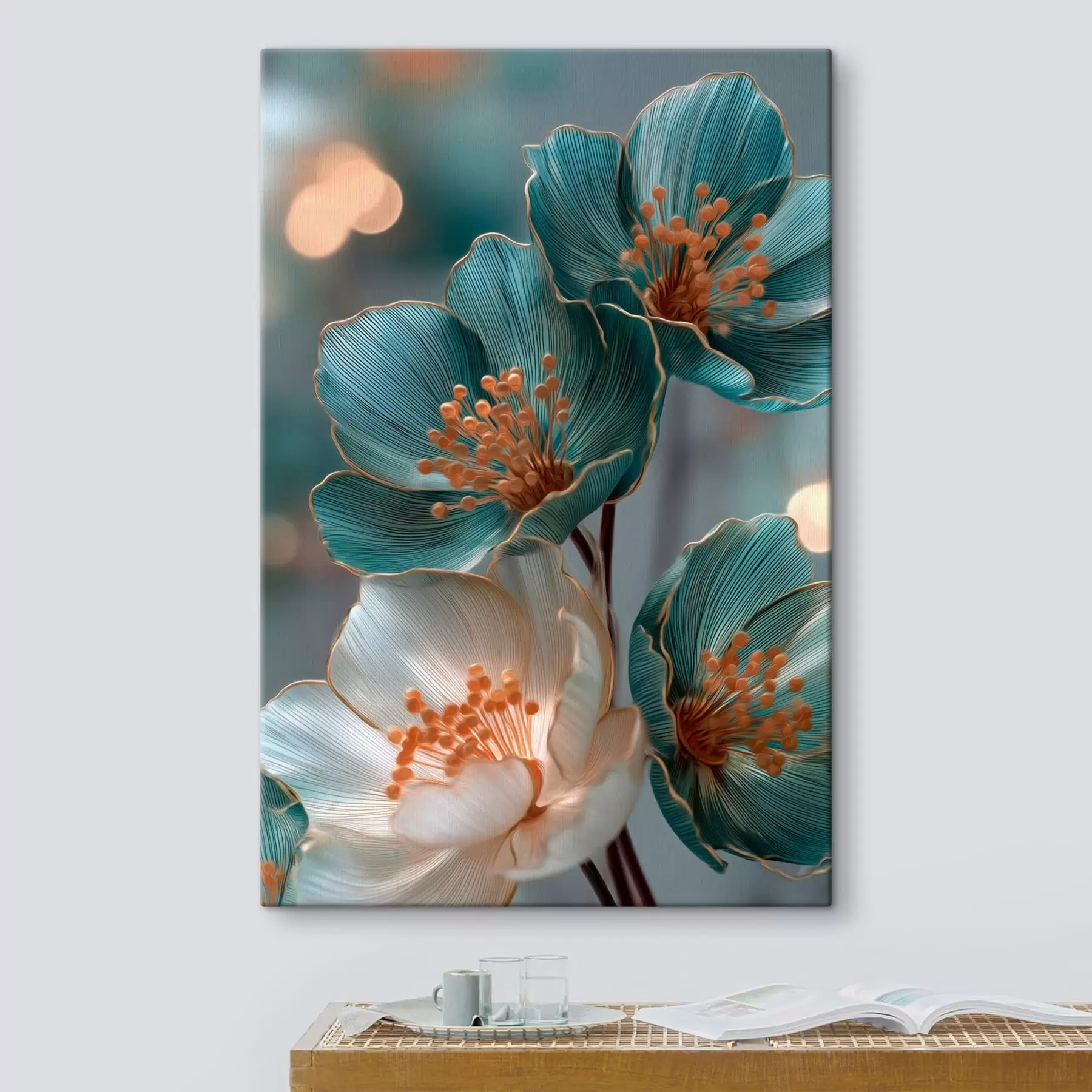 Peintures Fleurs turquoise et blanches aux étamines orange s50448