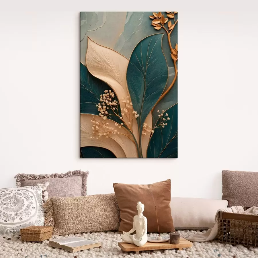 Fotobehang Grote turquoise en crèmekleurige bladeren met kleine takjes s50451