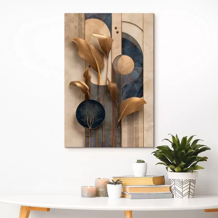 Fotobehang Geometrische compositie met bronskleurige bladeren s50452