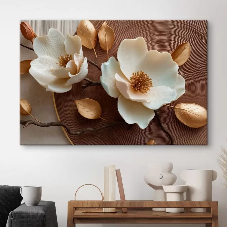 Fotobehang Witte bloemen met een driedimensionaal effect en bronskleurige bladeren s50453