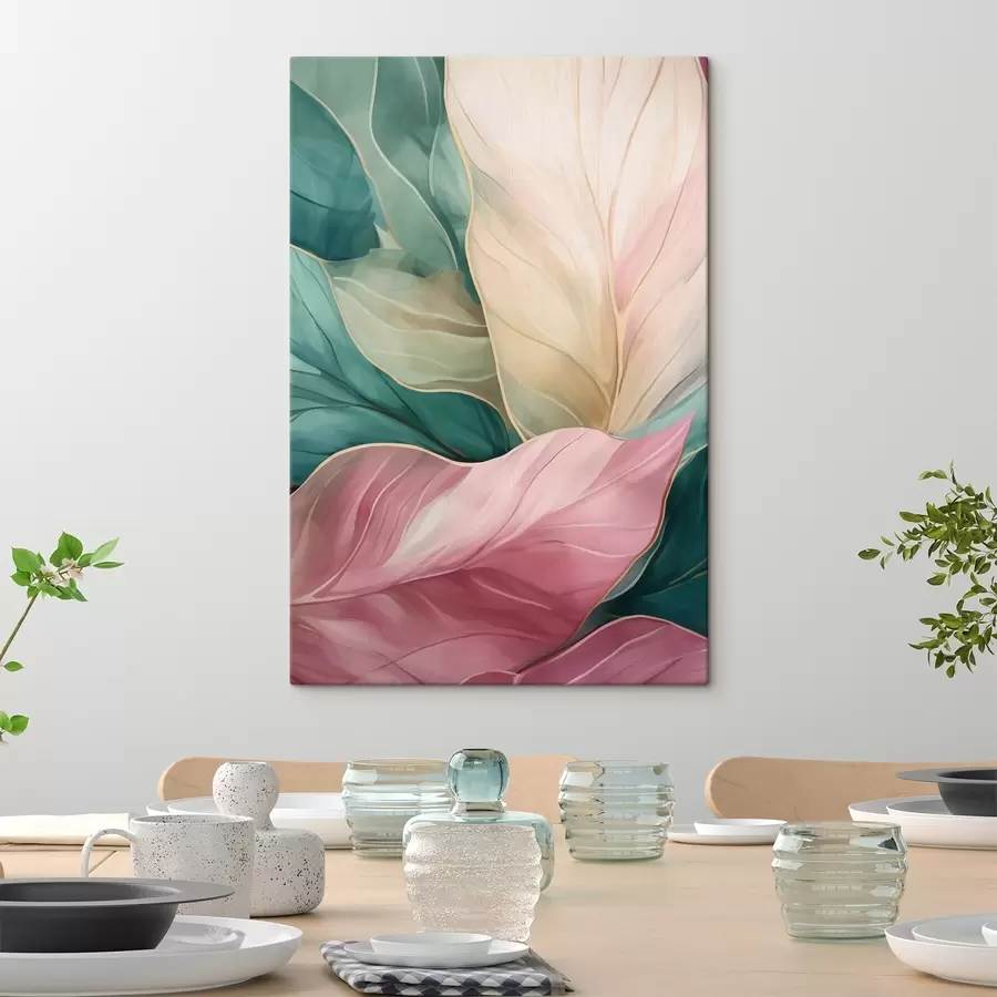  Peintures Feuilles tropicales émeraude et roses s50385
