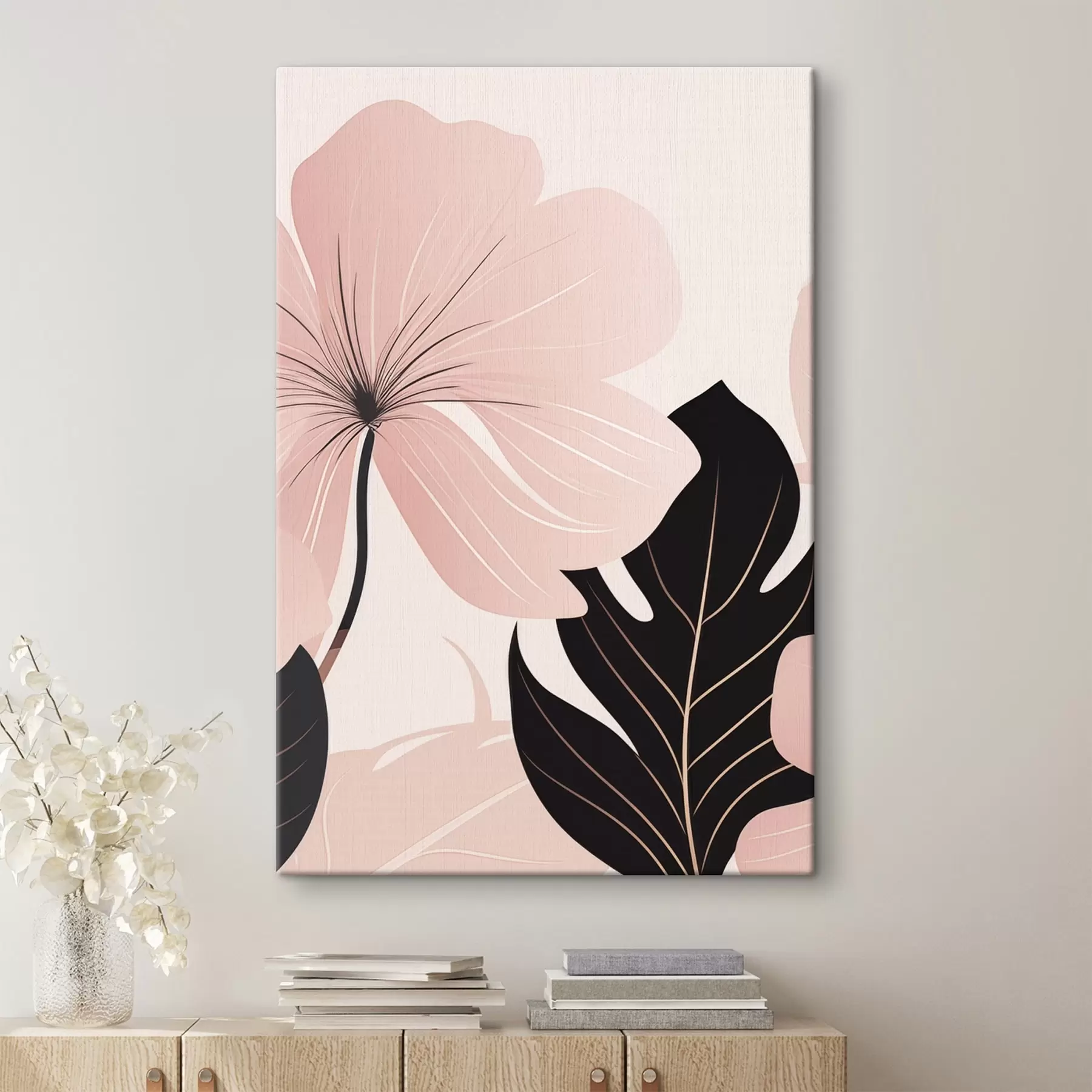  Schilderijen Roze bloem met een blad met zwarte accenten s50389