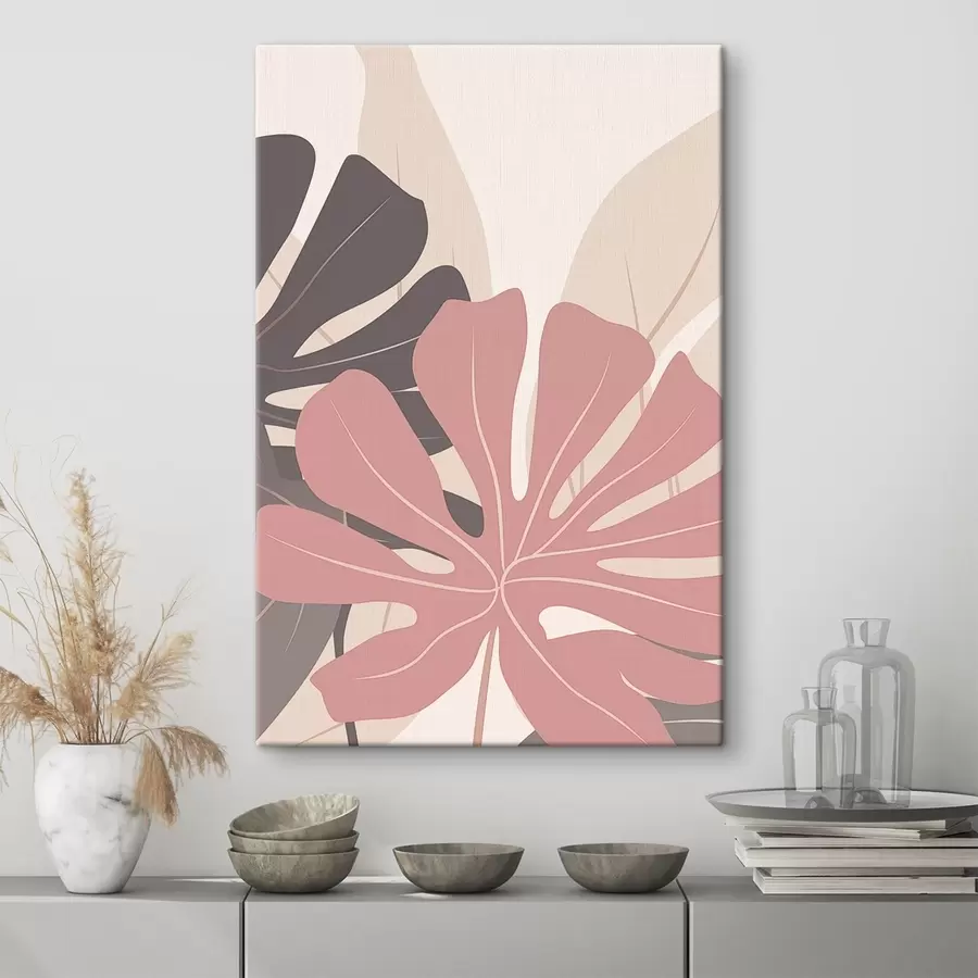  Peintures Feuilles tropicales roses et grises s50391