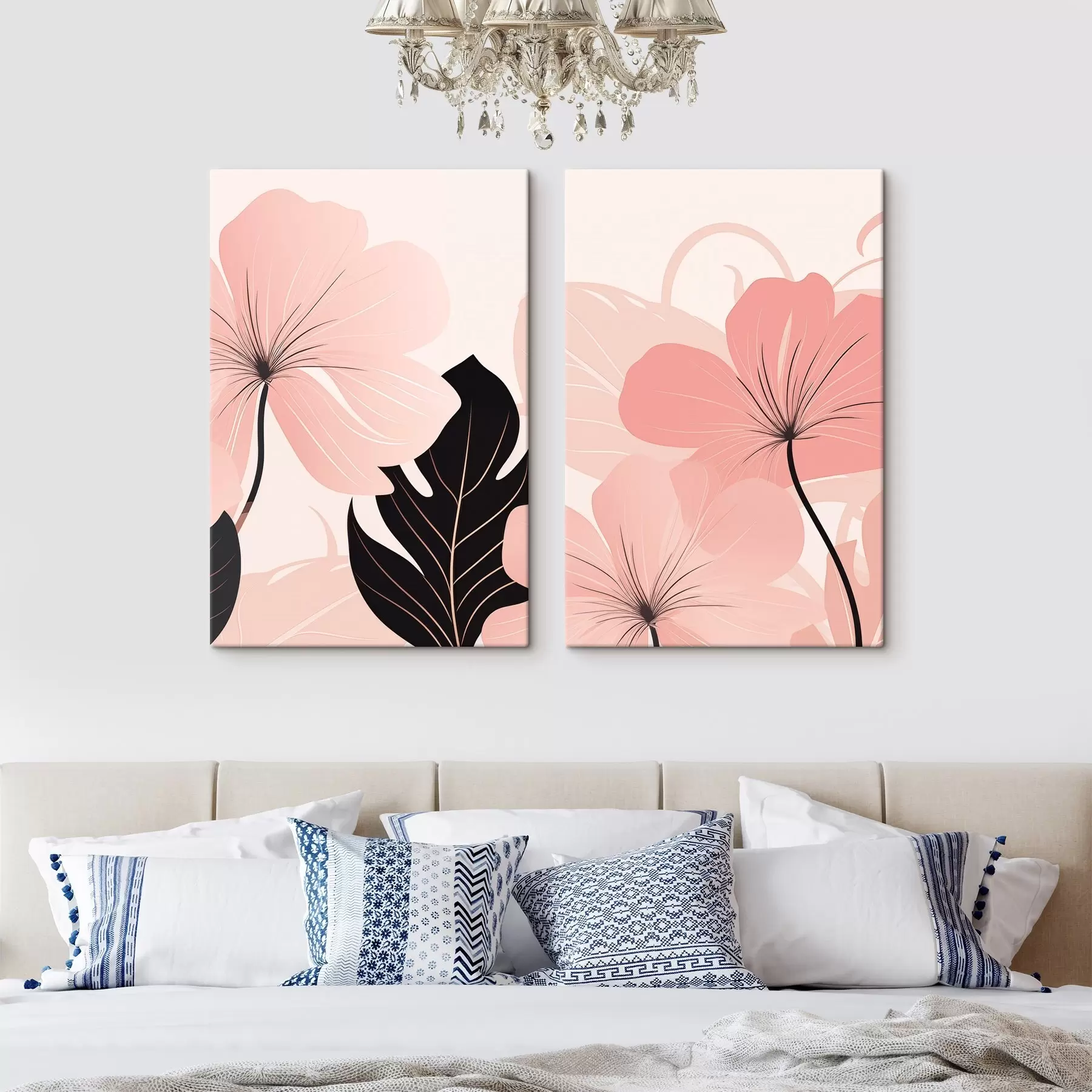  Peintures Fleurs roses et feuilles stylisées m30902