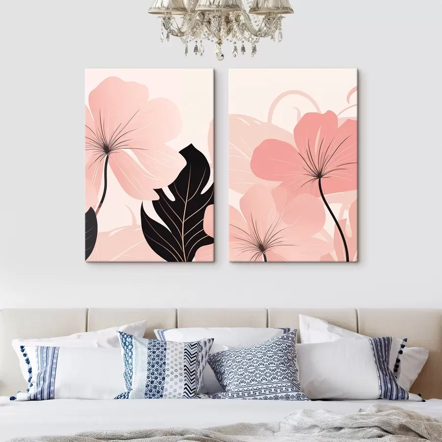  Schilderijen Roze bloemen en grafische bladeren m30902