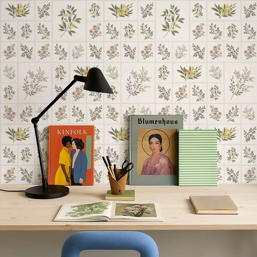 Fotobehang Botanische collage met bloemtakken in lichte lijsten a01258v1