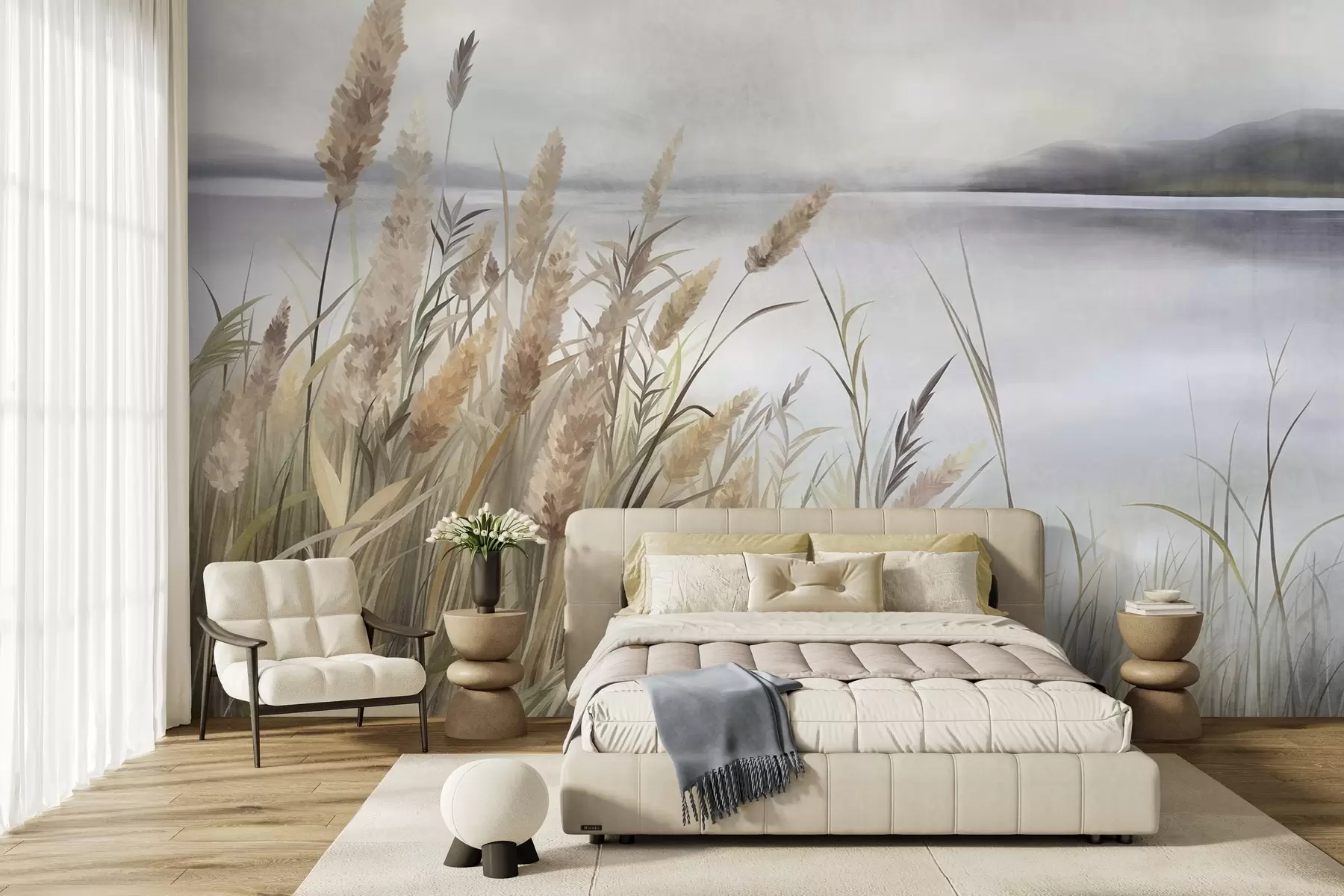 Fotobehang Hoog, droog gras en riet op de voorgrond, een landschap met veel textuur, pastelkleuren w10017