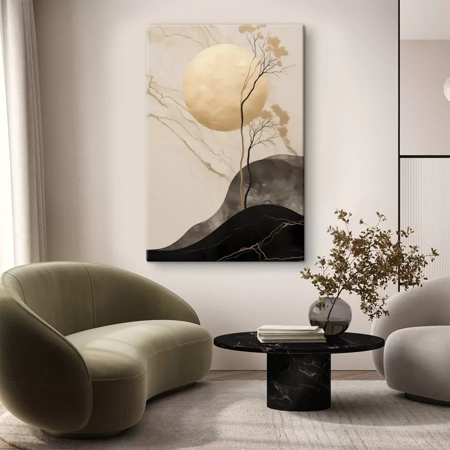  Peintures Une œuvre d'art abstrait minimaliste, représentant un arbre et des textures fluides dans des tons beiges et noirs s50612