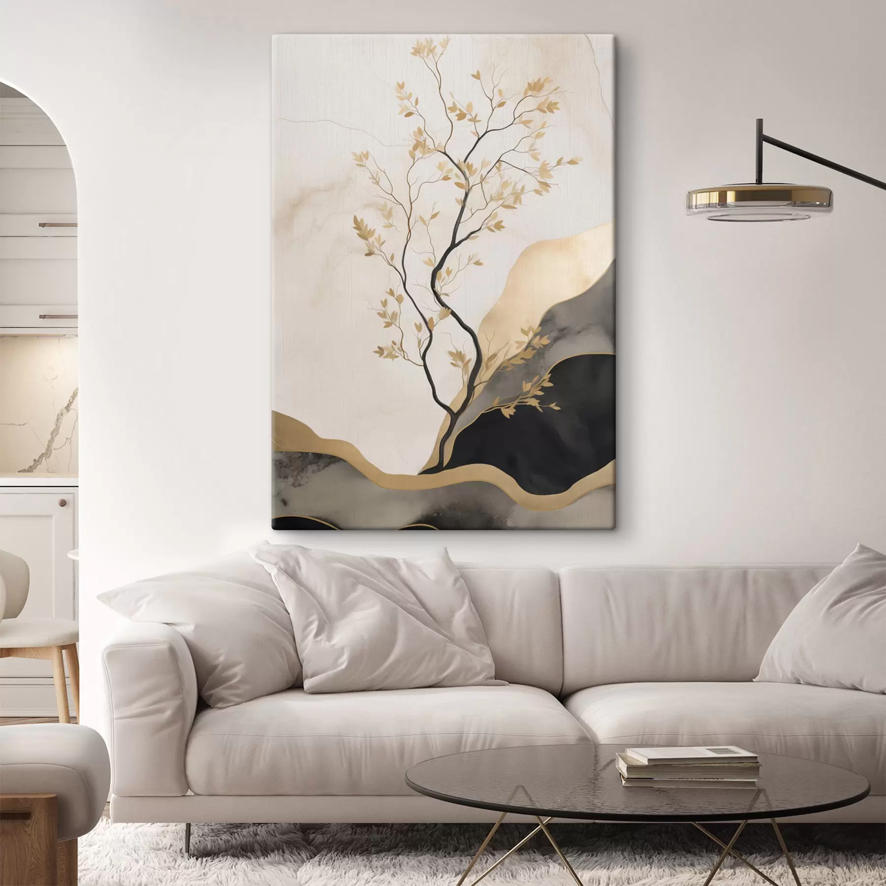  Peintures Une œuvre d'art abstrait minimaliste, représentant un arbre et des textures fluides dans des tons beiges et noirs s50613