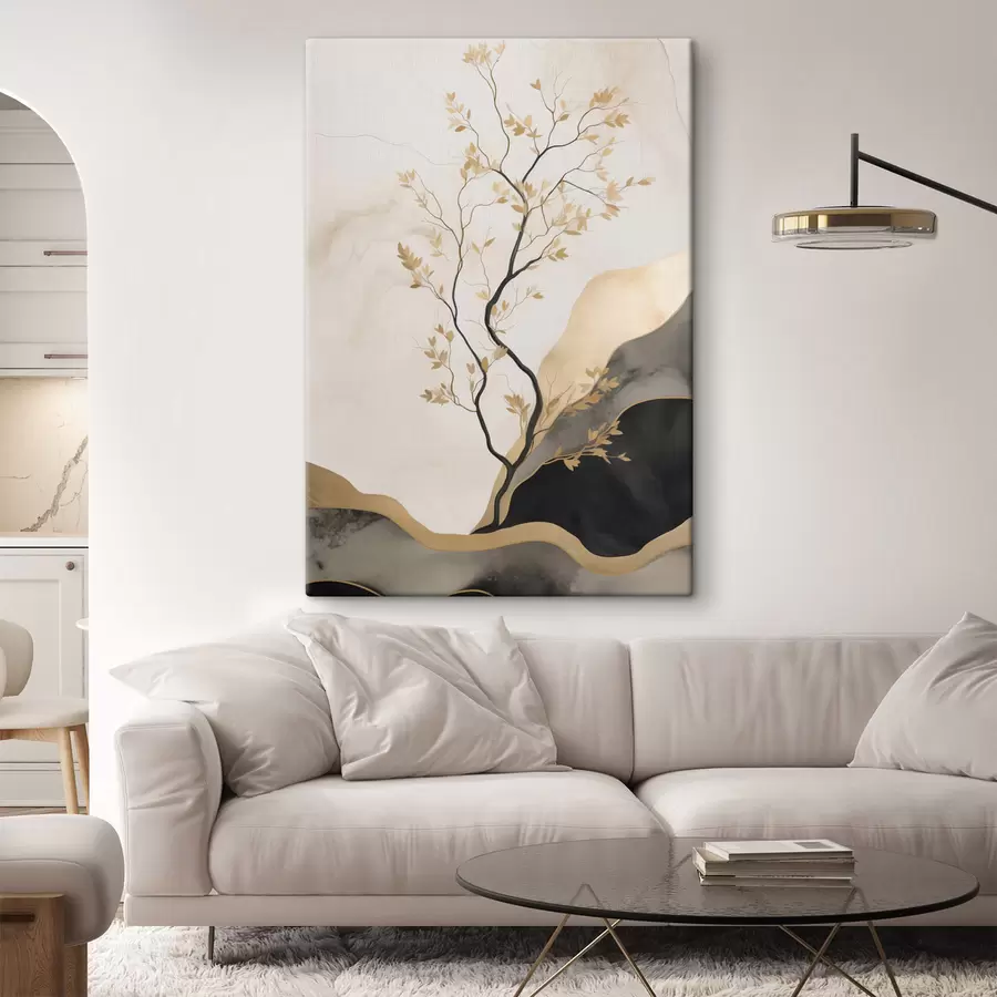  Peintures Une œuvre d'art abstrait minimaliste, représentant un arbre et des textures fluides dans des tons beiges et noirs s50613