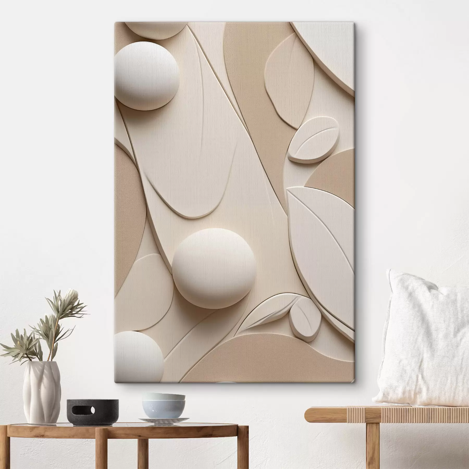  Peintures Composition abstraite composée de formes organiques et de sphères dans des tons neutres s50616