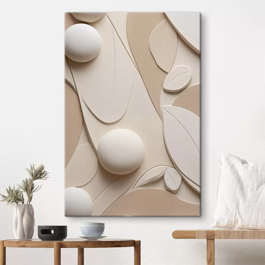 Peintures Composition abstraite composée de formes organiques et de sphères dans des tons neutres s50616